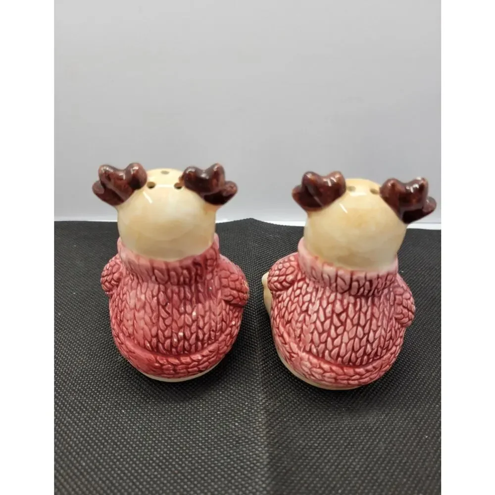 Vintage Christmas Reindeer Salt & Pepper Shakers Ceramic Pink Sweater Set...